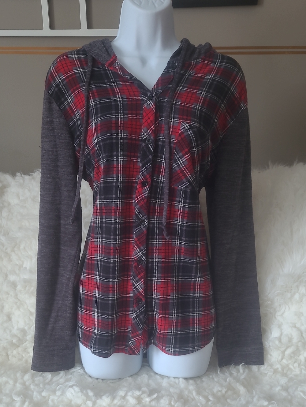 Ardene Gray Knit Hooded Plaid Button-Up with Red Black Plaid